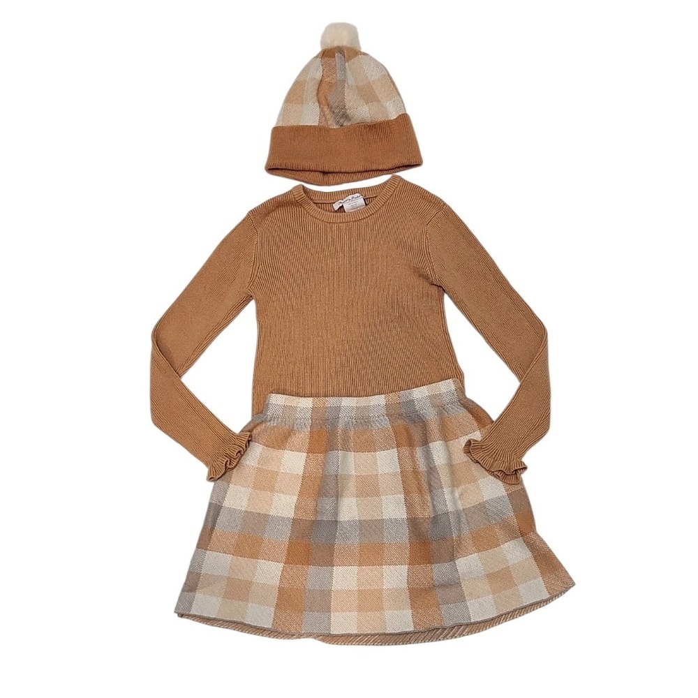 Tommy Bahama Girls Brown Plaid Sweater Skirt Beanie Set Size 5/6 Ribbed Ruffle